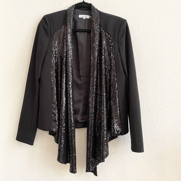Calvin Klein Womens Open Front Cardigan Sequin Size M Black Long‎ Sleeve Party - Picture 2 of 11